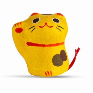 Maneki neko figurka z wróżbą i roślinką - żółty kot