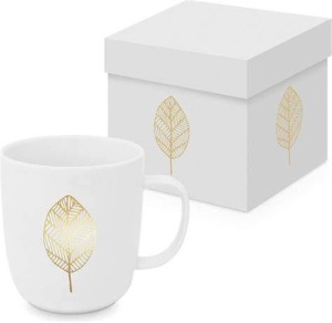 Kubek porcelanowy  400 ml - biały ze złotym liściem