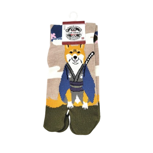 Tabi japońskie skarpety -beż z zielenią - Shiba Inu Samuraj /34-40/                               